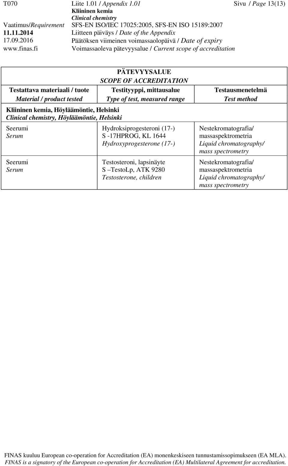 -17HPROG, KL 1644 Hydroxyprogesterone (17-) Testosteroni, lapsinäyte S TestoLp, ATK 9280