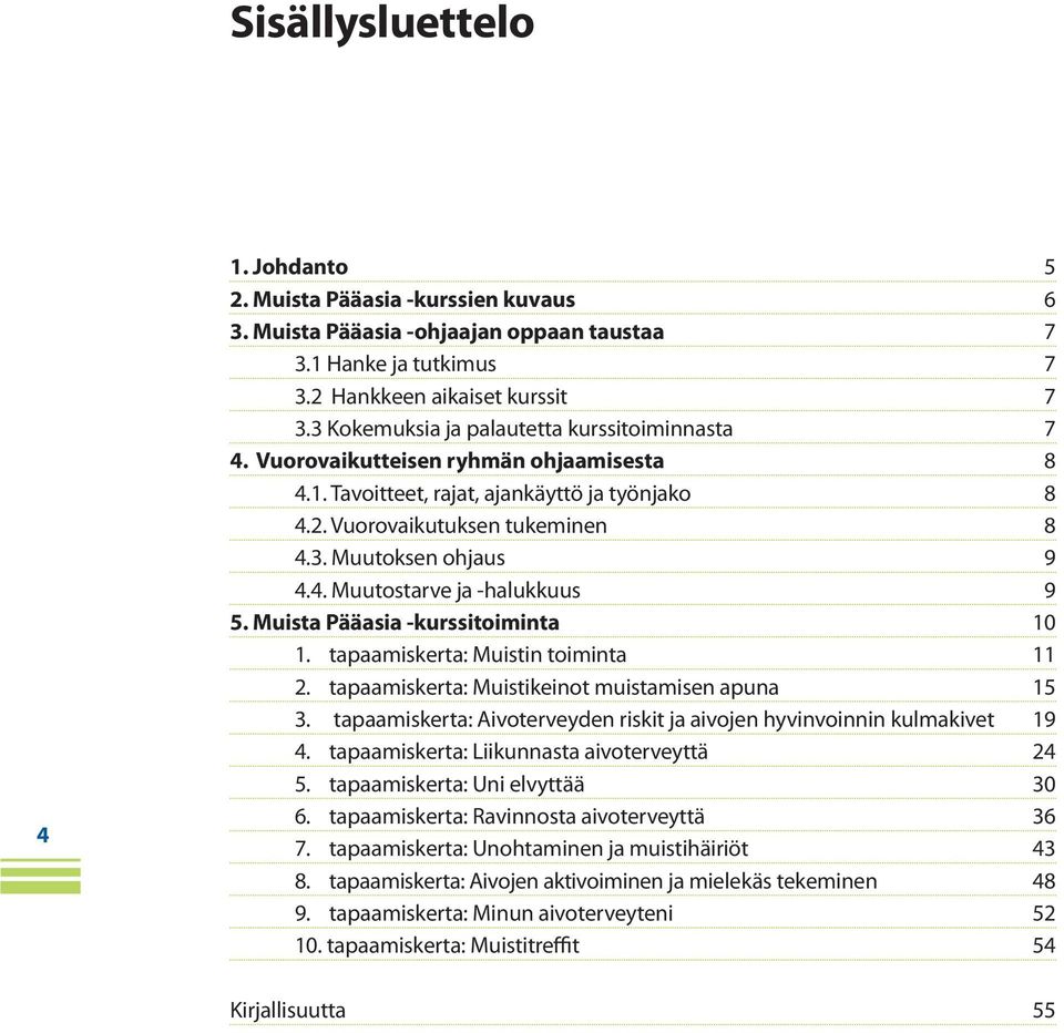 4. Muutostarve ja -halukkuus 9 5. Muista Pääasia -kurssitoiminta 10 1. tapaamiskerta: Muistin toiminta 11 2. tapaamiskerta: Muistikeinot muistamisen apuna 15 3.