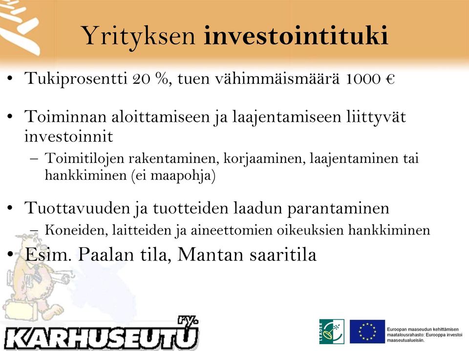 korjaaminen, laajentaminen tai hankkiminen (ei maapohja) Tuottavuuden ja tuotteiden laadun