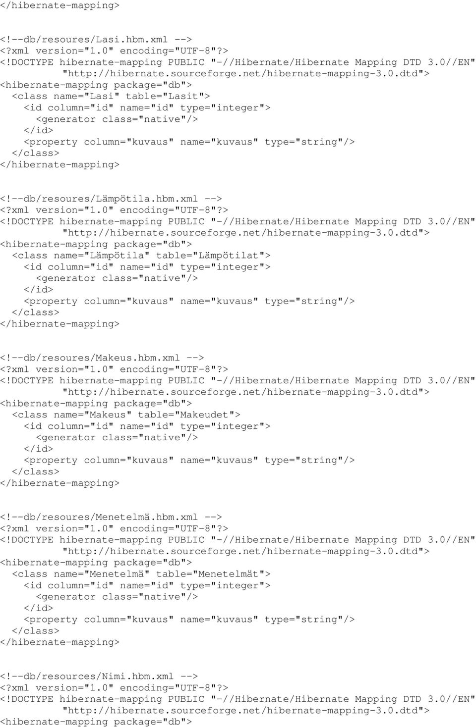 dtd"> <hibernate-mapping package="db"> <class name="lasi" table="lasit"> <id column="id" name="id" type="integer"> <generator class="native"/> </id> <property column="kuvaus" name="kuvaus"