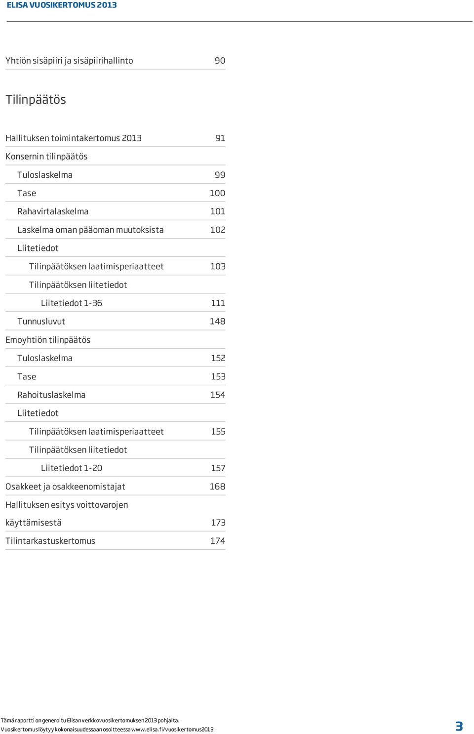 Tunnusluvut 111 148 Emoyhtiön tilinpäätös Tuloslaskelma Tase Rahoituslaskelma 152 153 154 Liitetiedot Tilinpäätöksen laatimisperiaatteet 155