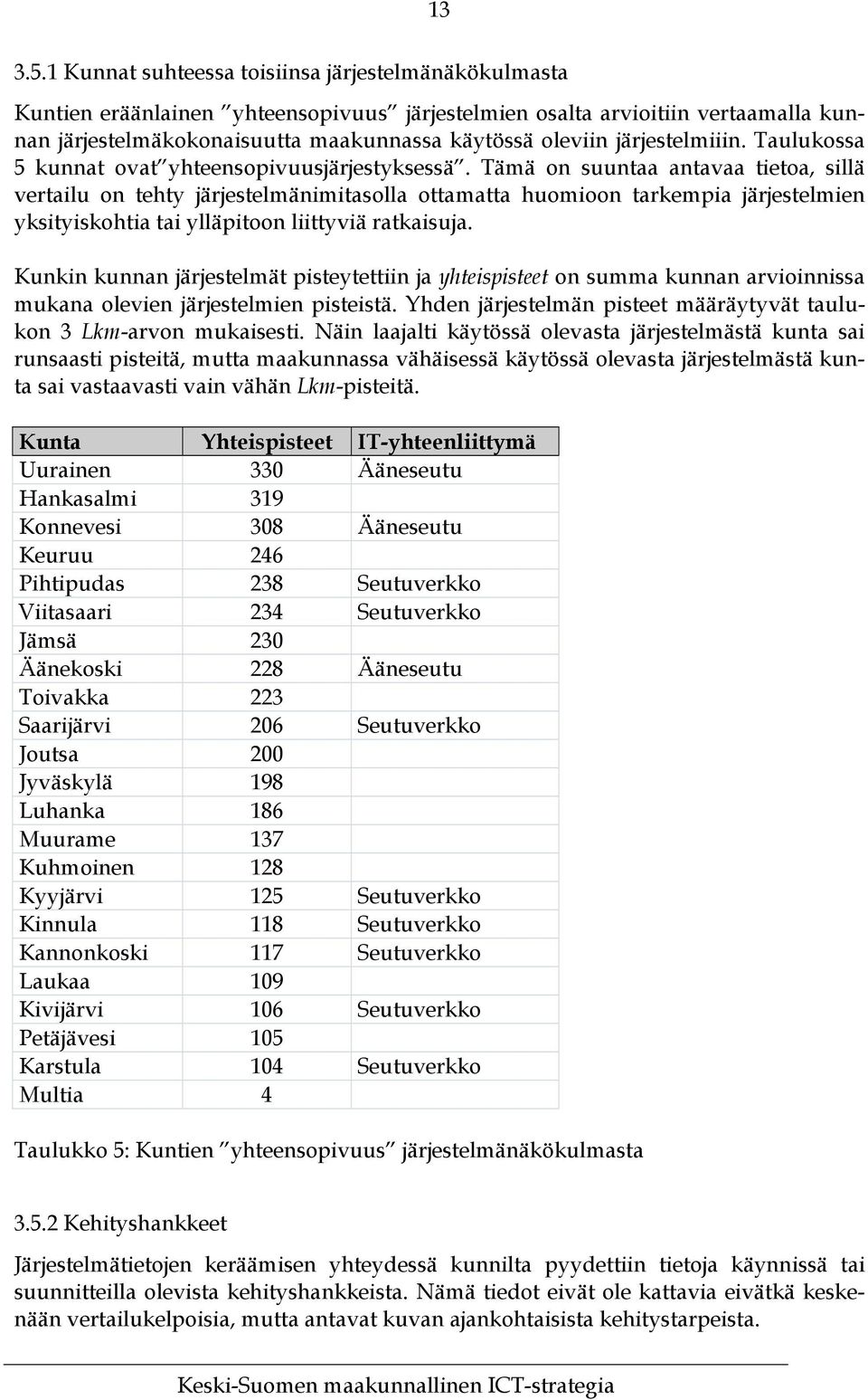 järjestelmiiin. Taulukossa 5 kunnat ovat yhteensopivuusjärjestyksessä.