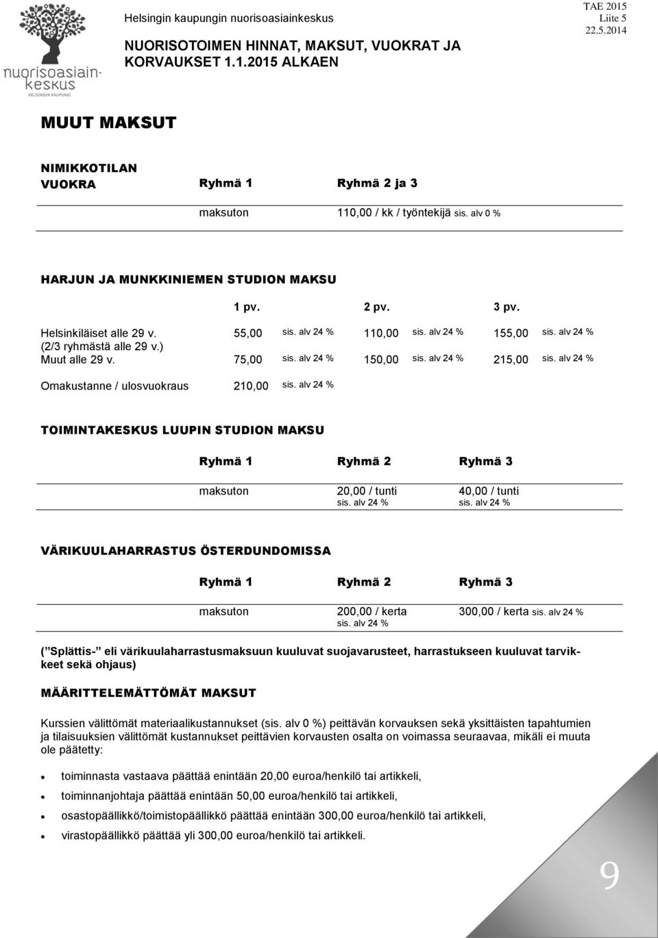 75,00 150,00 215,00 Omakustanne / ulosvuokraus 210,00 TOIMINTAKESKUS LUUPIN STUDION MAKSU Ryhmä 1 Ryhmä 2 20,00 / tunti 40,00 / tunti VÄRIKUULAHARRASTUS ÖSTERDUNDOMISSA Ryhmä 1 Ryhmä 2 200,00 / kerta