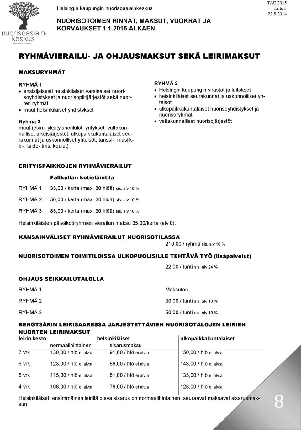 alv 10 % 50,00 / kerta (max. 30 hlöä) sis. alv 10 % RYHMÄ 3 85,00 / kerta (max. 30 hlöä) sis. alv 10 % Helsinkiläisten päiväkotiryhmien vierailun maksu 35,00/kerta (alv 0).