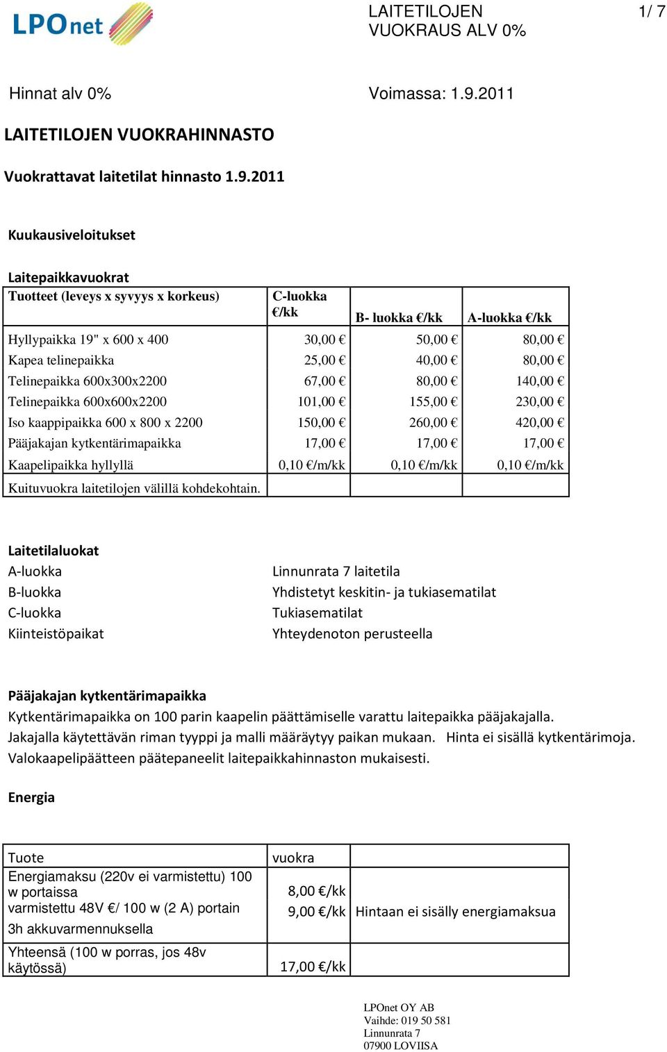 80,00 Telinepaikka 600x300x2200 67,00 80,00 140,00 Telinepaikka 600x600x2200 101,00 155,00 230,00 Iso kaappipaikka 600 x 800 x 2200 150,00 260,00 420,00 Pääjakajan kytkentärimapaikka 17,00 17,00