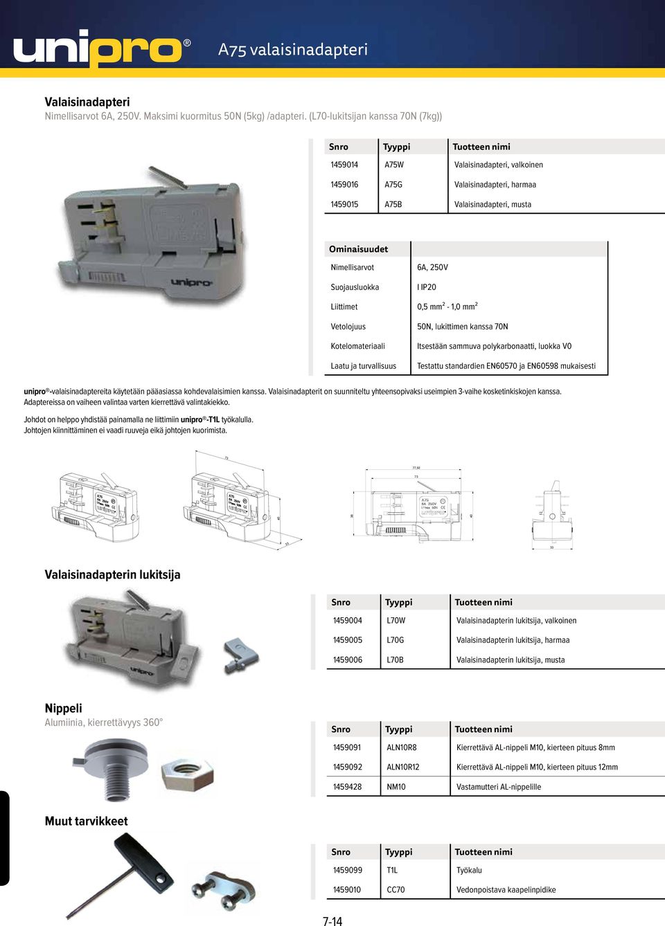 Liittimet Vetolojuus Kotelomateriaali Laatu ja turvallisuus 6A, 250V I IP20 0,5 mm² - 1,0 mm² 50N, lukittimen kanssa 70N Itsestään sammuva polykarbonaatti, luokka V0 73 Testattu standardien EN60570