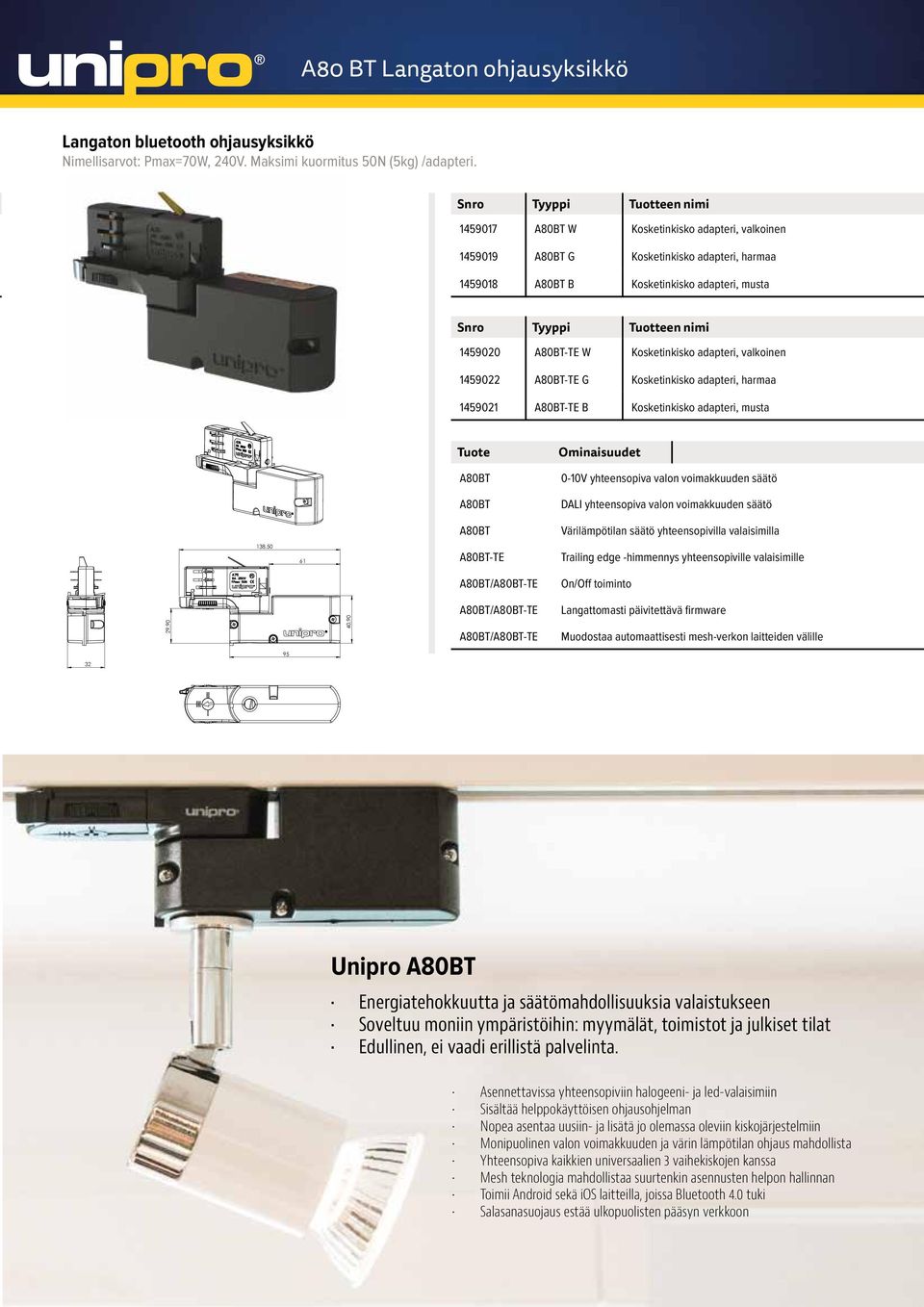 1459022 A80BT-TE G Kosketinkisko adapteri, harmaa 1459021 A80BT-TE B Kosketinkisko adapteri, musta Tuote Ominaisuudet A80BT 0-10V yhteensopiva valon voimakkuuden säätö A80BT DALI yhteensopiva valon