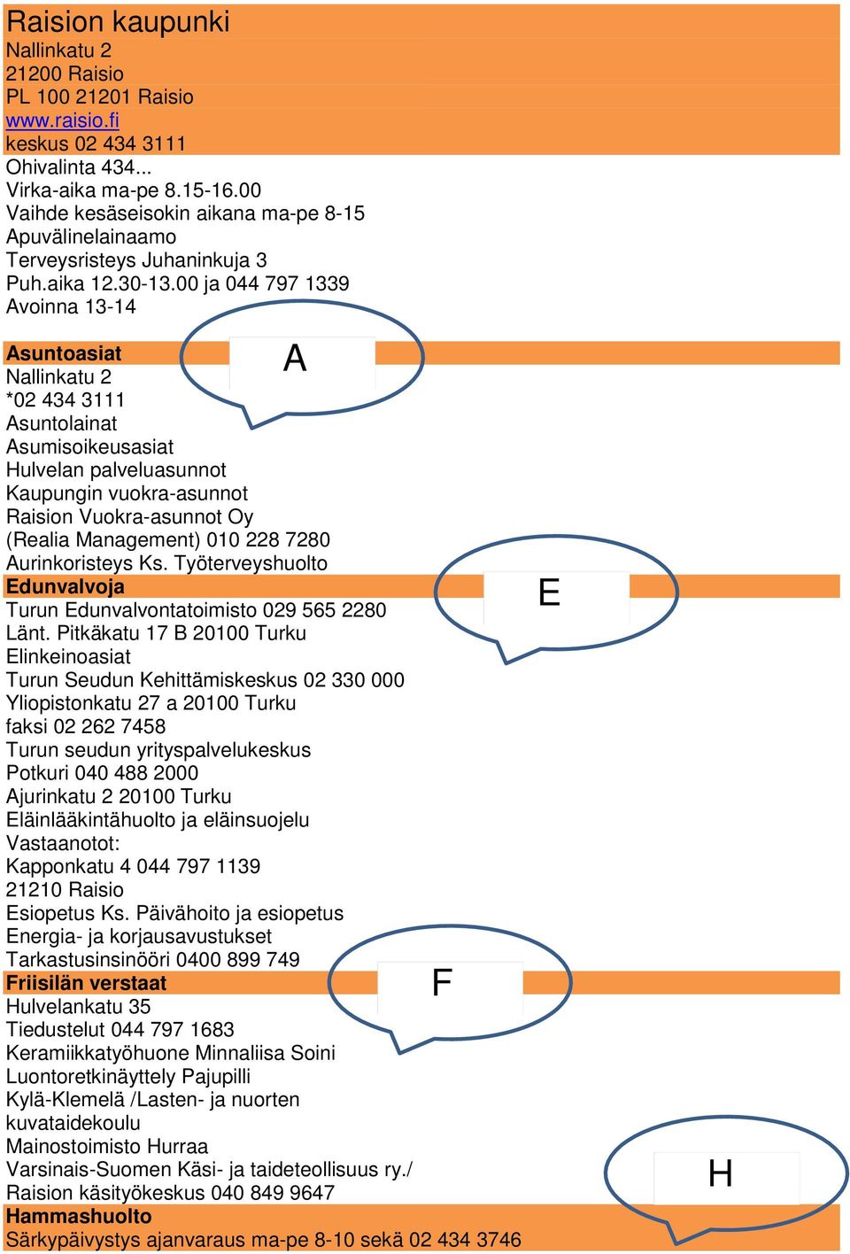 00 ja 044 797 1339 Avoinna 13-14 Asuntoasiat Nallinkatu 2 *02 434 3111 Asuntolainat Asumisoikeusasiat Hulvelan palveluasunnot Kaupungin vuokra-asunnot Raision Vuokra-asunnot Oy (Realia Management)