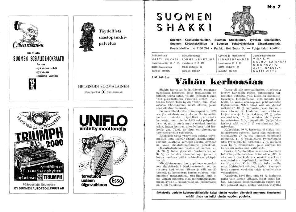 Päätoimittaja MATTI NUKARI U tj) E ~J i-l 1-\,< K I Kasavuorentie 12 16 27 Kauniainen puhelin 525 Leif Äström Suomen Keskusshakkiliiton, Suomen Shakkiliiton, Työväen Shakkiliiton, Suomen