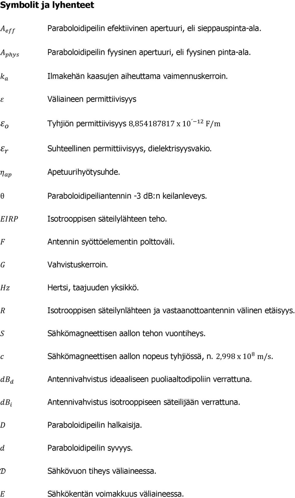 Isotrooppisen säteilylähteen teho. Antennin syöttöelementin polttoväli. Vahvistuskerroin. Hertsi, taajuuden yksikkö. Isotrooppisen säteilynlähteen ja vastaanottoantennin välinen etäisyys.