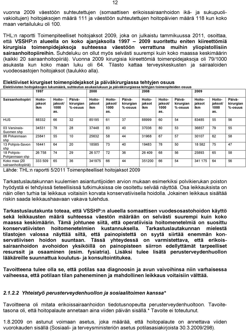 THL:n raportti Toimenpiteelliset hoitojaksot 2009, joka on julkaistu tammikuussa 2011, osoittaa, että VSSHP:n alueella on koko ajanjaksolla 1997 2009 suoritettu eniten kiireettömiä kirurgisia