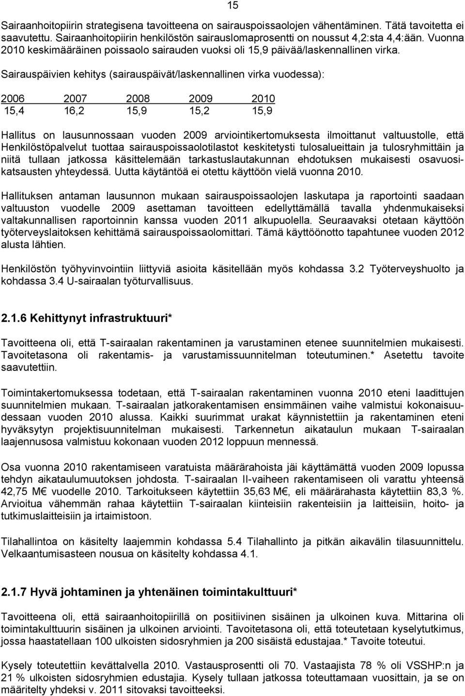 Sairauspäivien kehitys (sairauspäivät/laskennallinen virka vuodessa): 2006 2007 2008 2009 2010 15,4 16,2 15,9 15,2 15,9 Hallitus on lausunnossaan vuoden 2009 arviointikertomuksesta ilmoittanut