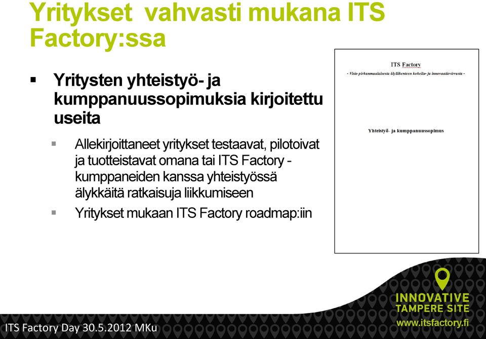 testaavat, pilotoivat ja tuotteistavat omana tai ITS Factory - kumppaneiden