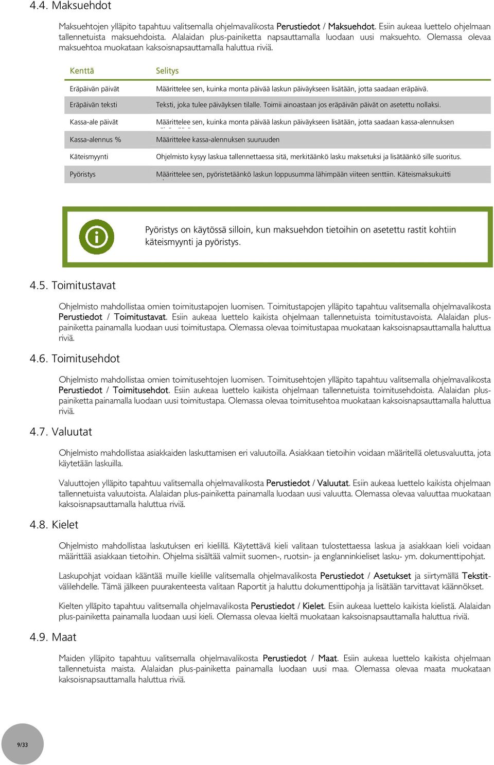 Kenttä Eräpäivän päivät Eräpäivän teksti Kassa-ale päivät Kassa-alennus % Käteismyynti Pyöristys Selitys Määrittelee sen, kuinka monta päivää laskun päiväykseen lisätään, jotta saadaan eräpäivä.