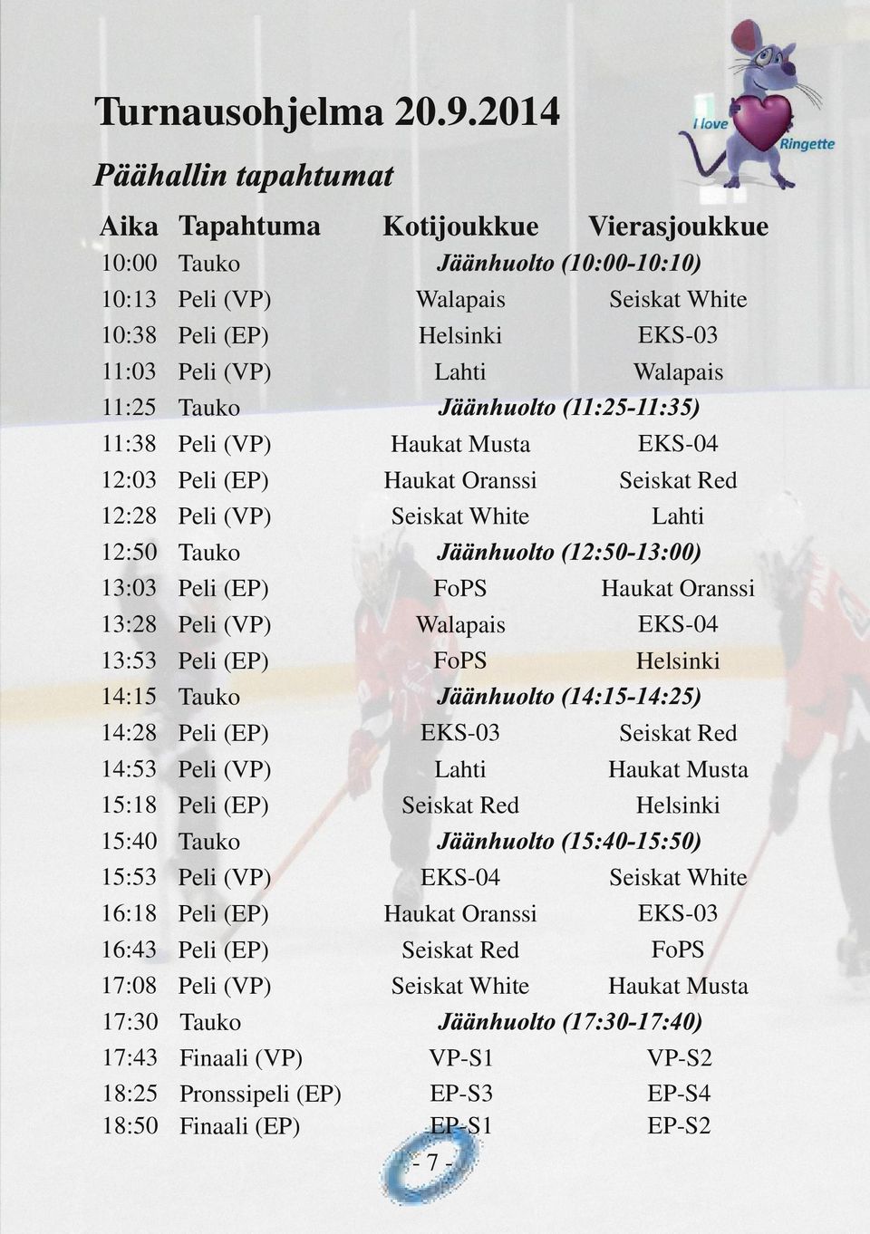 Peli (VP) Peli (EP) Peli (VP) Tauko Peli (VP) Peli (EP) Peli (VP) Tauko Peli (EP) Peli (VP) Peli (EP) Tauko Peli (EP) Peli (VP) Peli (EP) Tauko Peli (VP) Peli (EP) Peli (EP) Peli (VP) Tauko Finaali