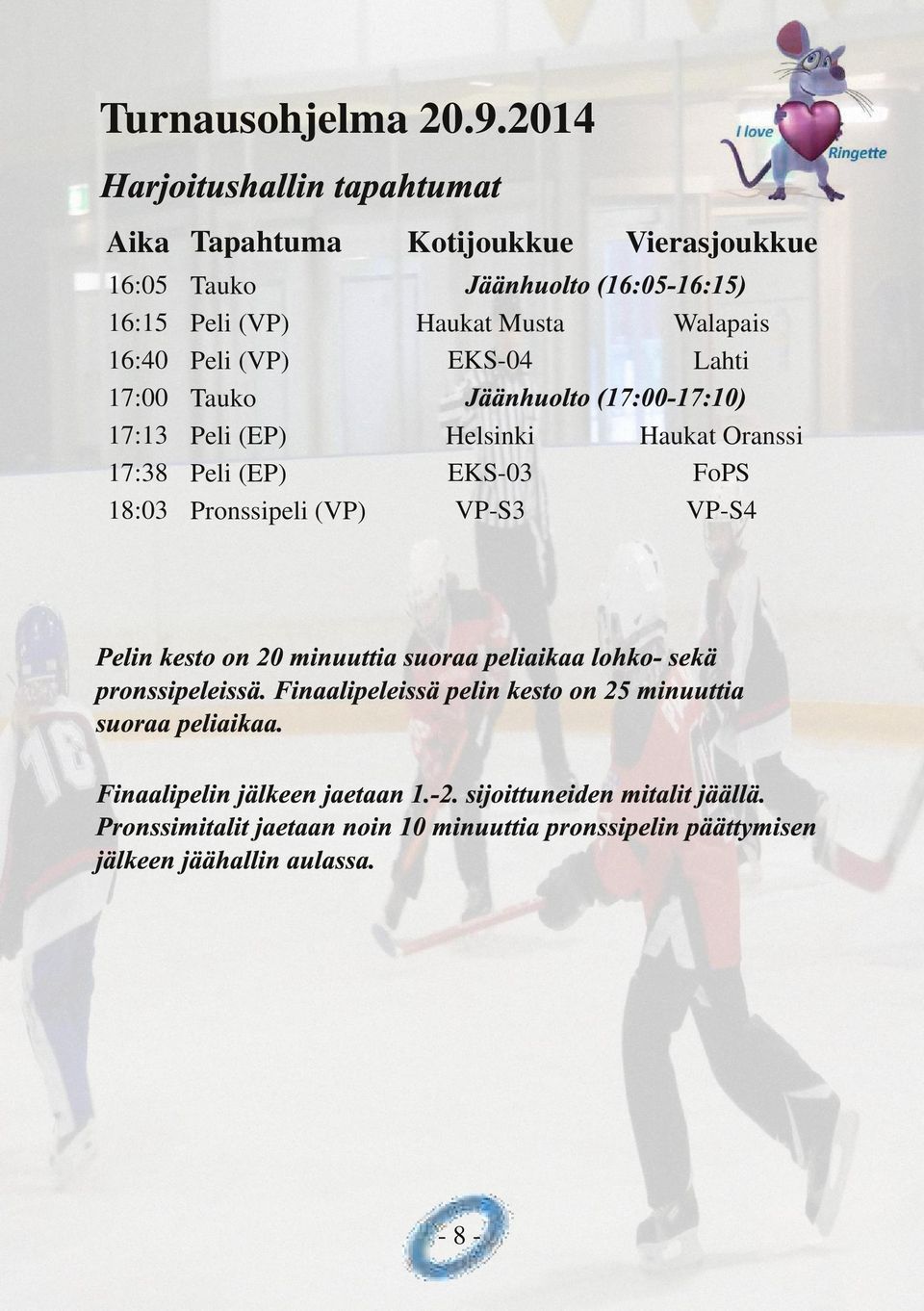 Kotijoukkue Vierasjoukkue Jäänhuolto (16:05-16:15) Haukat Musta EKS 04 Walapais Lahti Helsinki EKS 03 VP S3 Haukat Oranssi FoPS VP S4 Jäänhuolto (17:00-17:10)