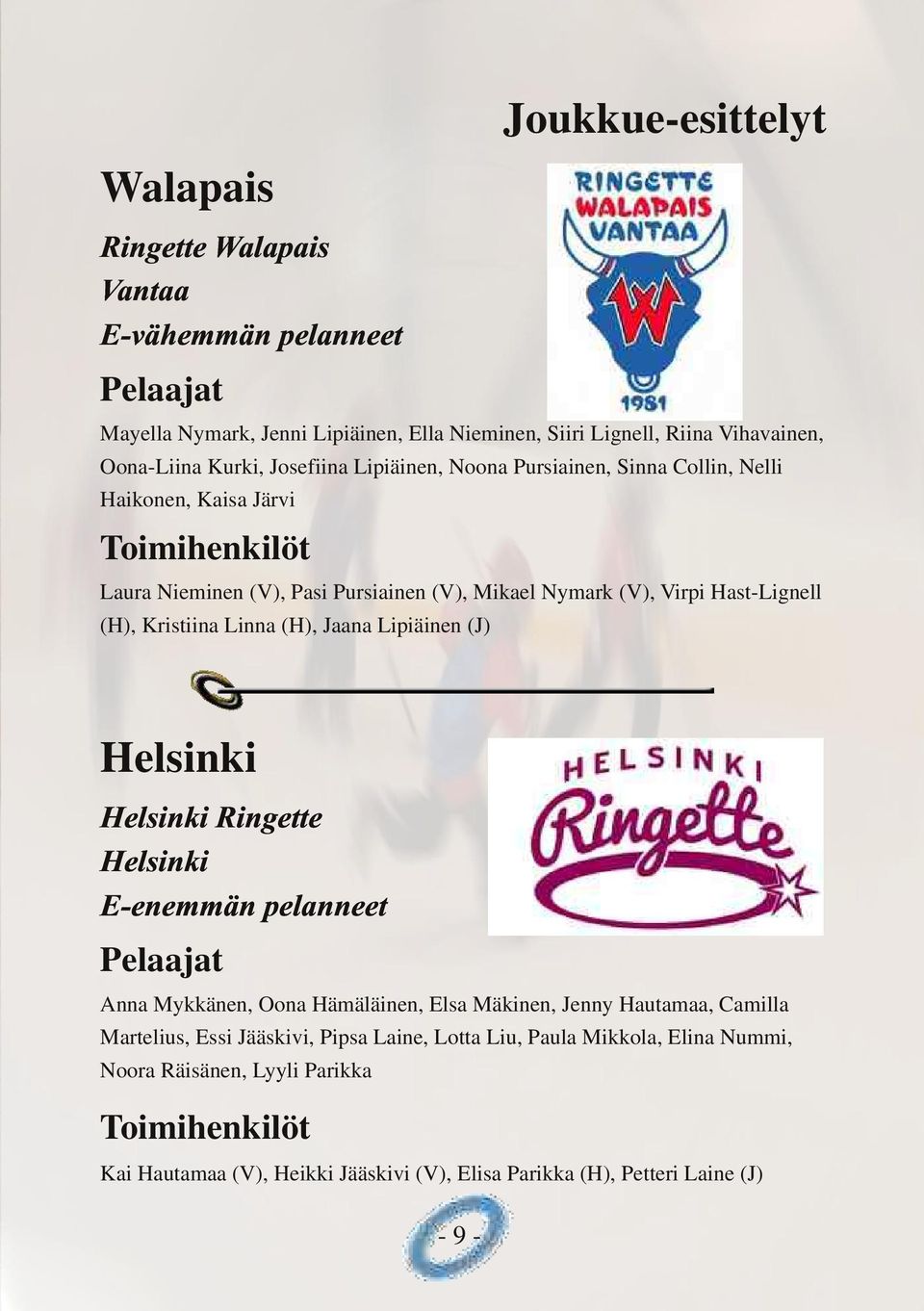 Kristiina Linna (H), Jaana Lipiäinen (J) Helsinki Helsinki Ringette Helsinki E-enemmän pelanneet Pelaajat Anna Mykkänen, Oona Hämäläinen, Elsa Mäkinen, Jenny Hautamaa, Camilla