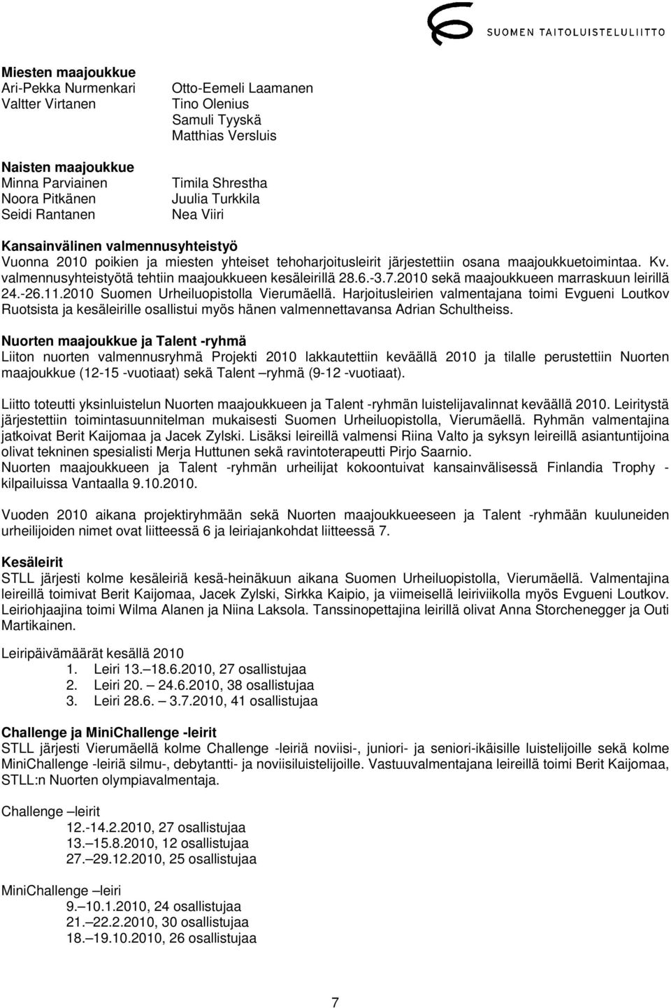 valmennusyhteistyötä tehtiin maajoukkueen kesäleirillä 28.6.-3.7.2010 sekä maajoukkueen marraskuun leirillä 24.-26.11.2010 Suomen Urheiluopistolla Vierumäellä.