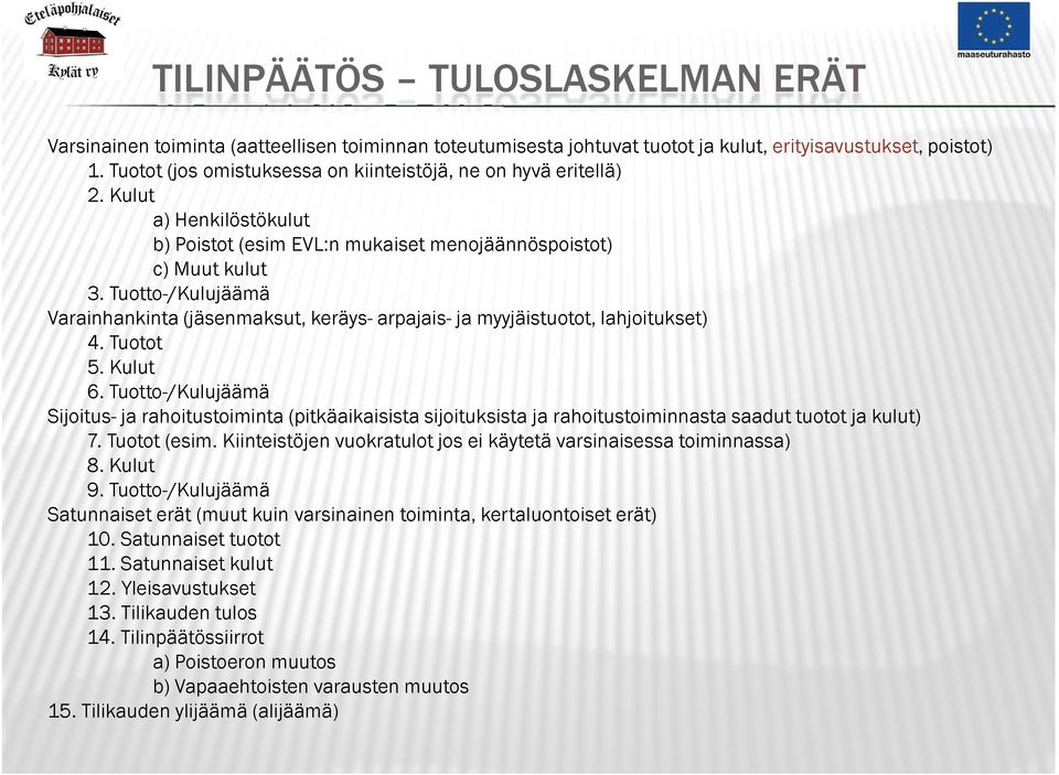 Tuotto-/Kulujäämä Varainhankinta (jäsenmaksut, keräys- arpajais- ja myyjäistuotot, lahjoitukset) 4. Tuotot 5. Kulut 6.