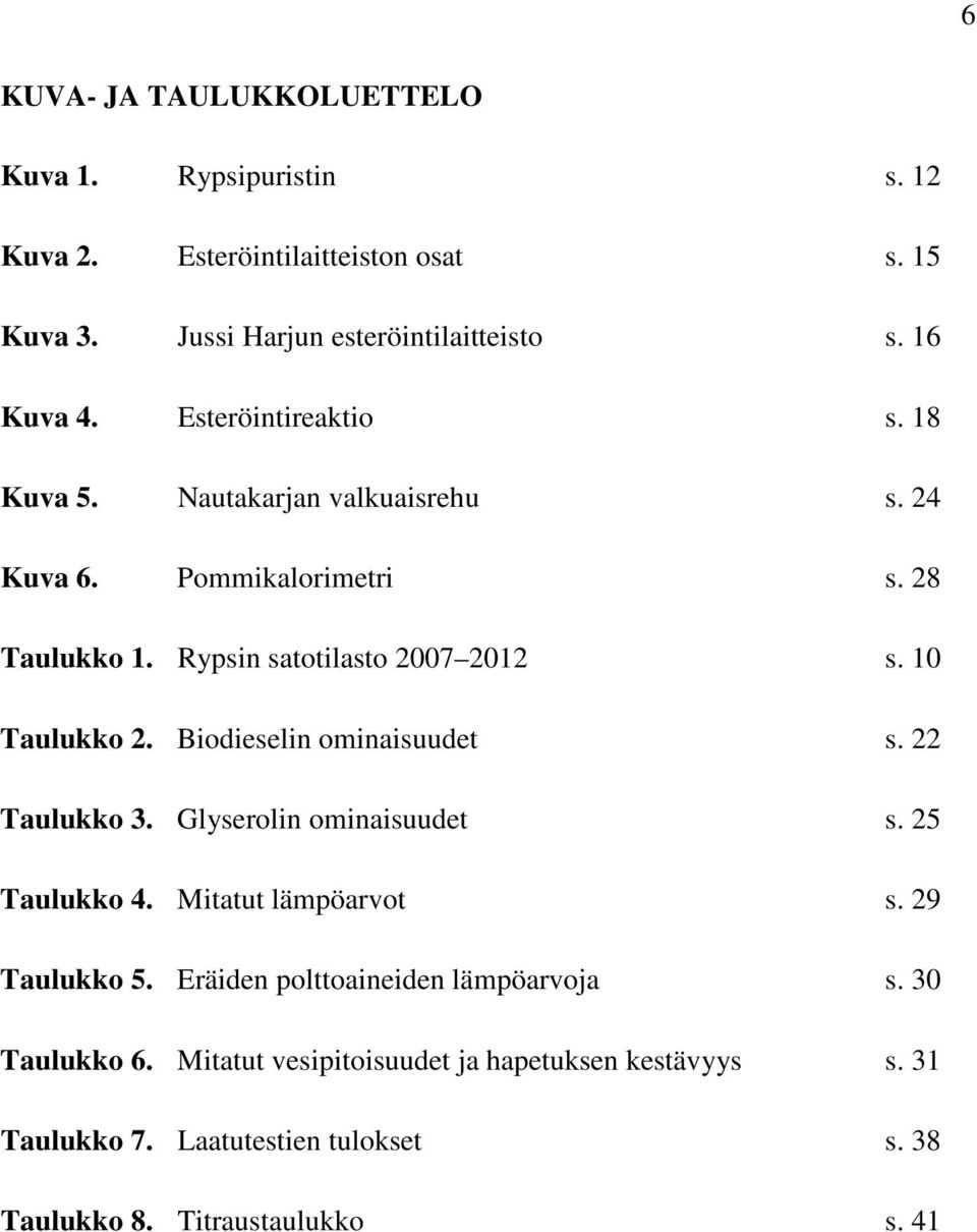 Biodieselin ominaisuudet s. 22 Taulukko 3. Glyserolin ominaisuudet s. 25 Taulukko 4. Mitatut lämpöarvot s. 29 Taulukko 5.