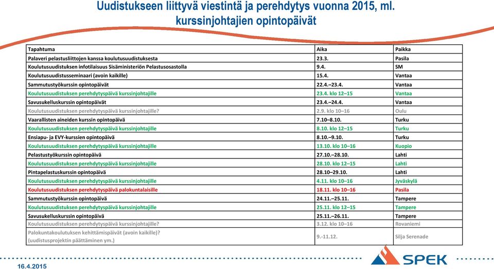 4. klo 12 15 Vantaa Savusukelluskurssin opintopäivät 23.4. 24.4. Vantaa Koulutusuudistuksen perehdytyspäivä kurssinjohtajille? 2.9. klo 10 