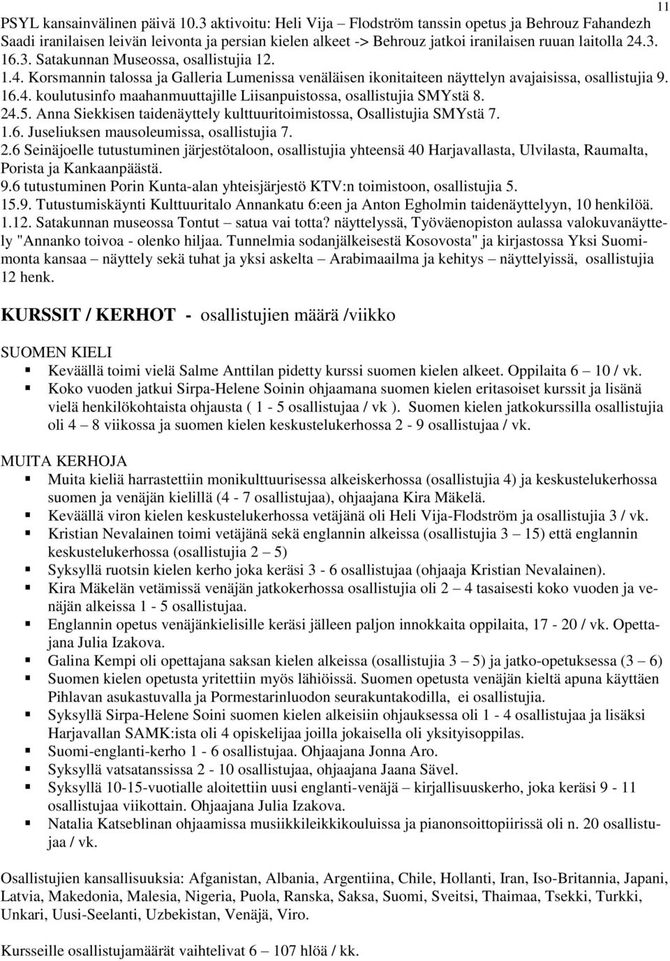 1.4. Korsmannin talossa ja Galleria Lumenissa venäläisen ikonitaiteen näyttelyn avajaisissa, osallistujia 9. 16.4. koulutusinfo maahanmuuttajille Liisanpuistossa, osallistujia SMYstä 8. 24.5.