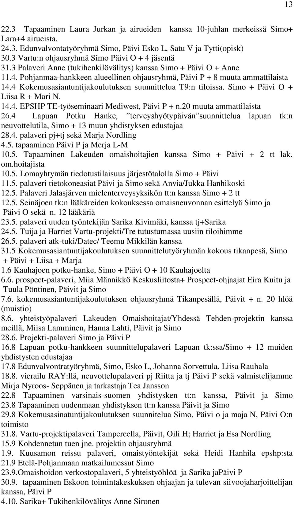 4 Kokemusasiantuntijakoulutuksen suunnittelua T9:n tiloissa. Simo + Päivi O + Liisa R + Mari N. 14.4. EPSHP TE-työseminaari Mediwest, Päivi P + n.20 muuta ammattilaista 26.