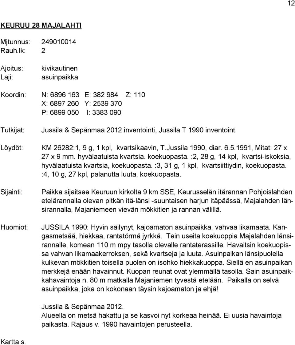 inventointi, Jussila T 1990 inventoint KM 26282:1, 9 g, 1 kpl, kvartsikaavin, T.Jussila 1990, diar. 6.5.1991, Mitat: 27 x 27 x 9 mm. hyvälaatuista kvartsia. koekuopasta.