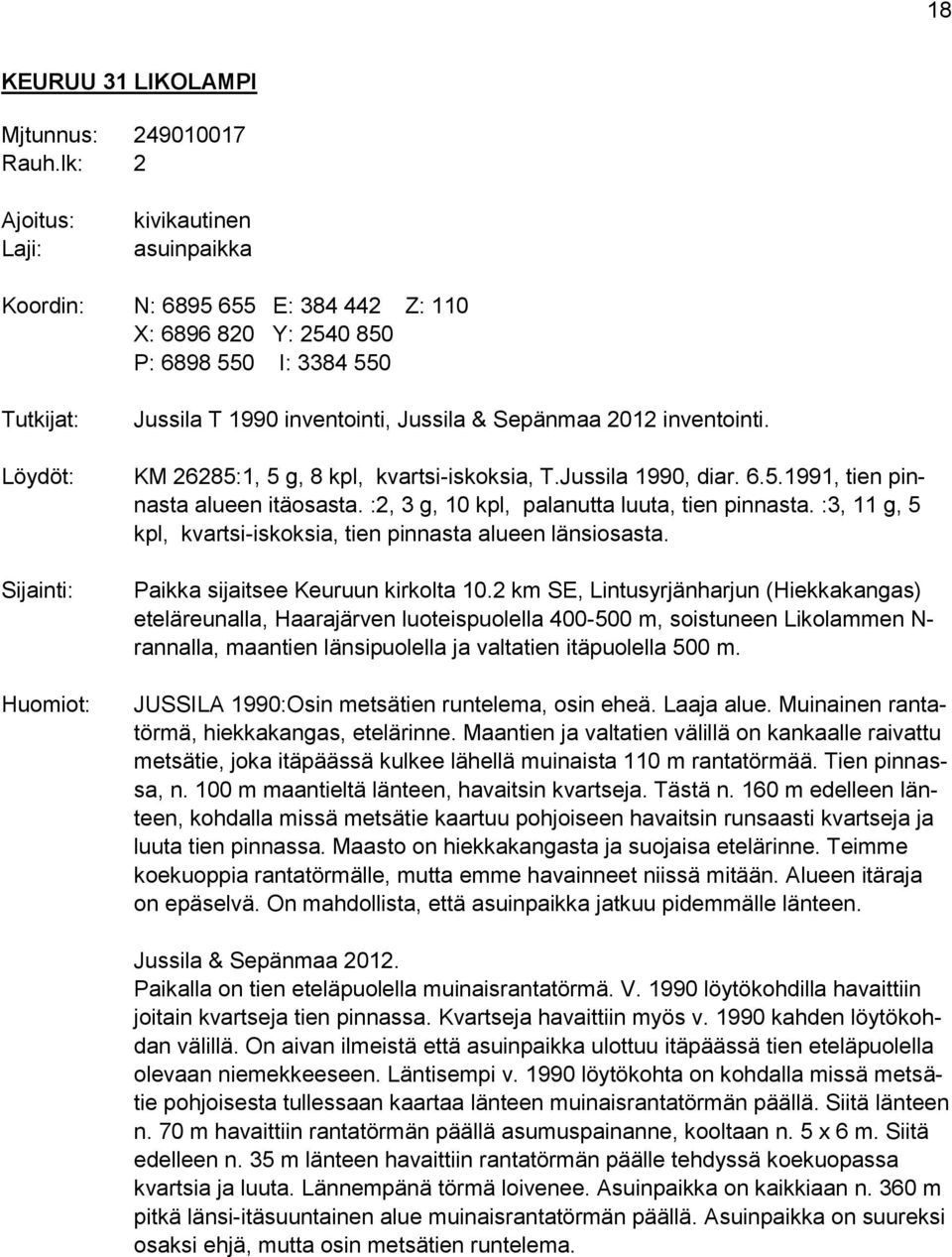 Jussila & Sepänmaa 2012 inventointi. KM 26285:1, 5 g, 8 kpl, kvartsi-iskoksia, T.Jussila 1990, diar. 6.5.1991, tien pinnasta alueen itäosasta. :2, 3 g, 10 kpl, palanutta luuta, tien pinnasta.