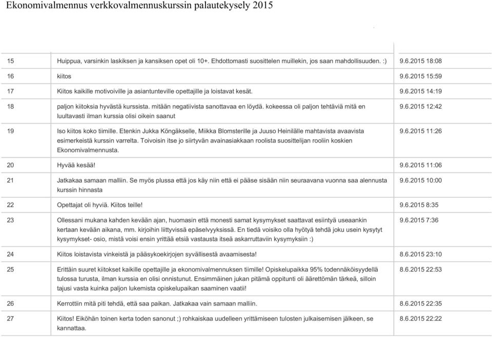 Ehdottomasti suosittelen muillekin, jos saan mahdollisuuden. :) 9.6.2015 18:08 16 kiitos 9.6.2015 15:59 17 Kiitos kaikille motivoiville ja asiantunteville opettajille ja loistavat kesät. 9.6.2015 14:19 18 paljon kiitoksia hyvästä kurssista.