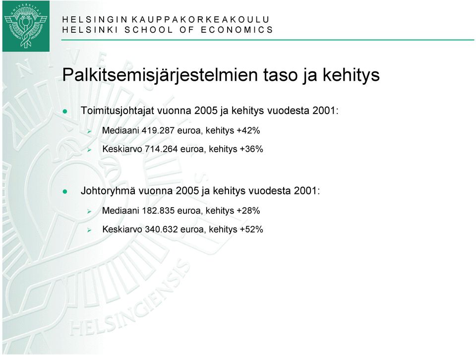 264 euroa, kehitys +36% Johtoryhmä vuonna 2005 ja kehitys vuodesta 2001: