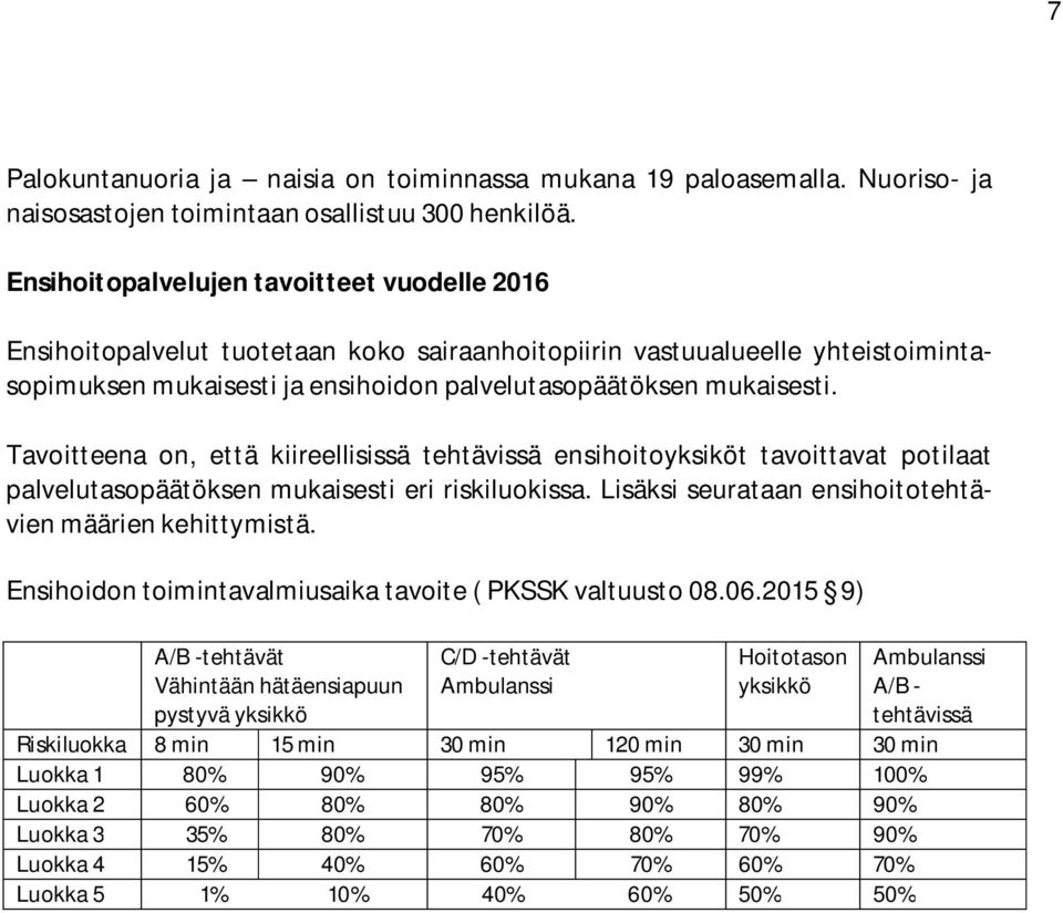 Tavoitteena on, että kiireellisissä tehtävissä ensihoitoyksiköt tavoittavat potilaat palvelutasopäätöksen mukaisesti eri riskiluokissa. Lisäksi seurataan ensihoitotehtävien määrien kehittymistä.