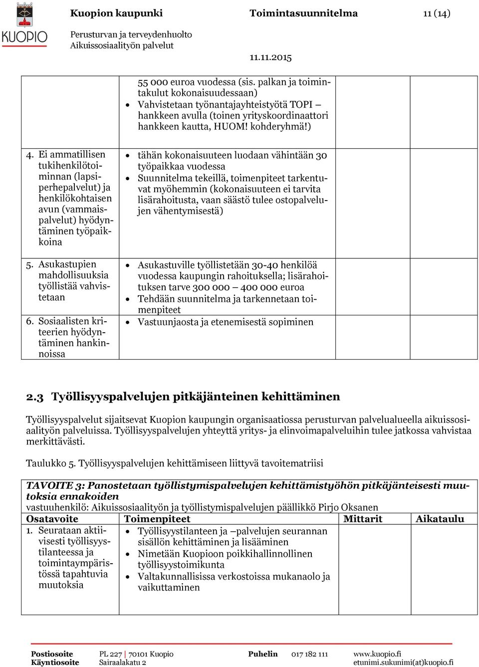 Ei ammatillisen tukihenkilötoiminnan (lapsiperhepalvelut) ja henkilökohtaisen avun (vammaispalvelut) hyödyntäminen työpaikkoina 5. Asukastupien mahdollisuuksia työllistää vahvistetaan 6.