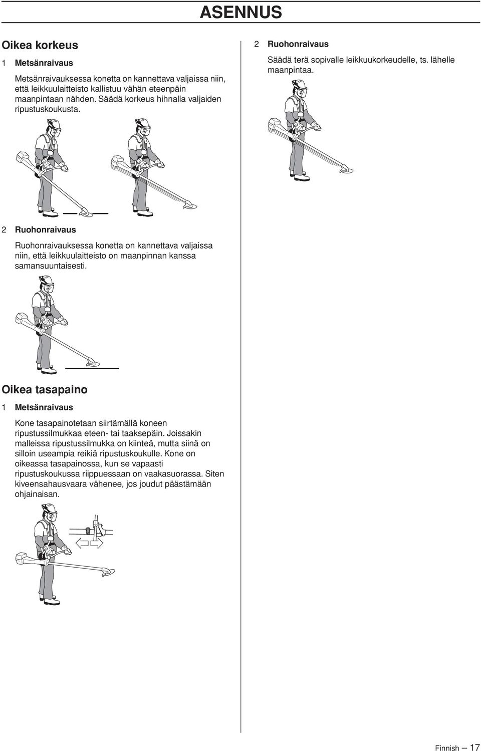 2 Ruohonraivaus Ruohonraivauksessa konetta on kannettava valjaissa niin, että leikkuulaitteisto on maanpinnan kanssa samansuuntaisesti.