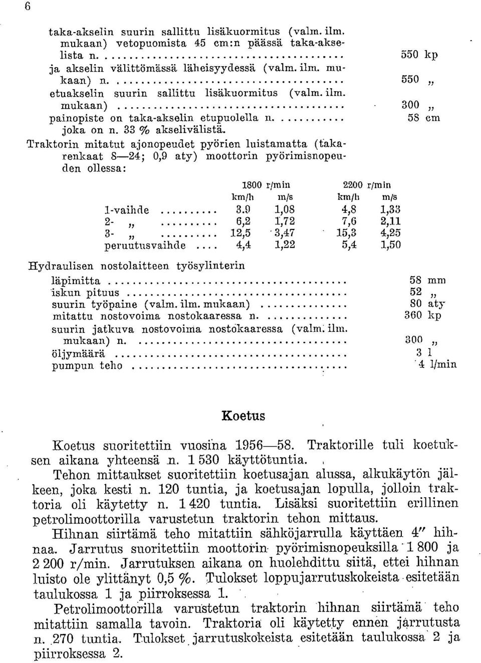 Traktorin mitatut ajonopeudet pyörien luistamatta (takarenkaat 8-24; 0,9 aty) moottorin pyörimisnopeuden ollessa: 1800 r/min 2200 r/min km/11 m/s km/li m/s 1-vaihde 3.