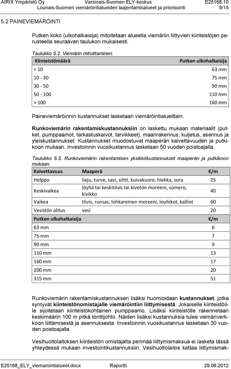 Kiinteistömäärä Putken ulkohalkaisija < 10 63 mm 10-30 75 mm 30-50 90 mm 50-100 110 mm > 100 160 mm Paineviemäröinnin kustannukset lasketaan viemäröintialueittain.