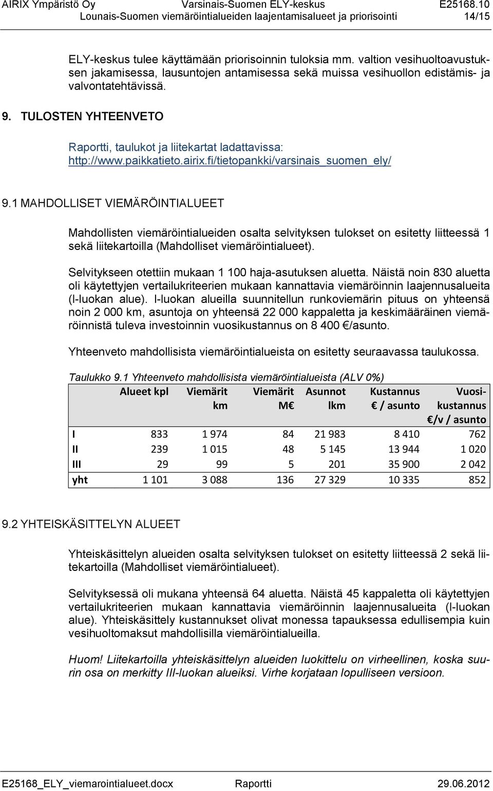 TULOSTEN YHTEENVETO Raportti, taulukot ja liitekartat ladattavissa: http://www.paikkatieto.airix.fi/tietopankki/varsinais_suomen_ely/ 9.