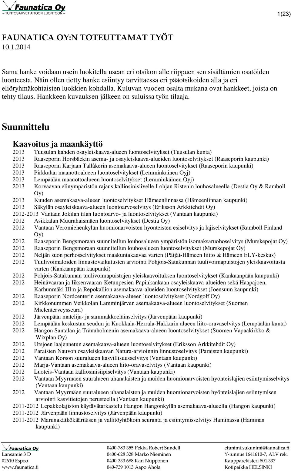 Hankkeen kuvauksen jälkeen on suluissa työn tilaaja.