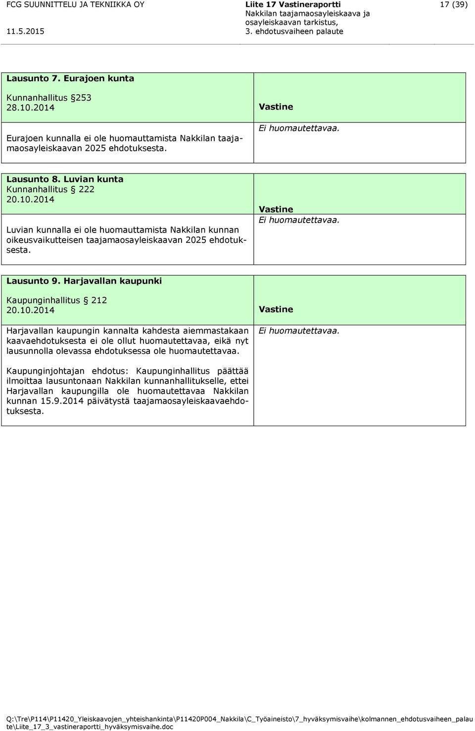 2014 Luvian kunnalla ei ole huomauttamista Nakkilan kunnan oikeusvaikutteisen taajamaosayleiskaavan 2025 ehdotuksesta. Vastine Ei huomautettavaa. Lausunto 9.