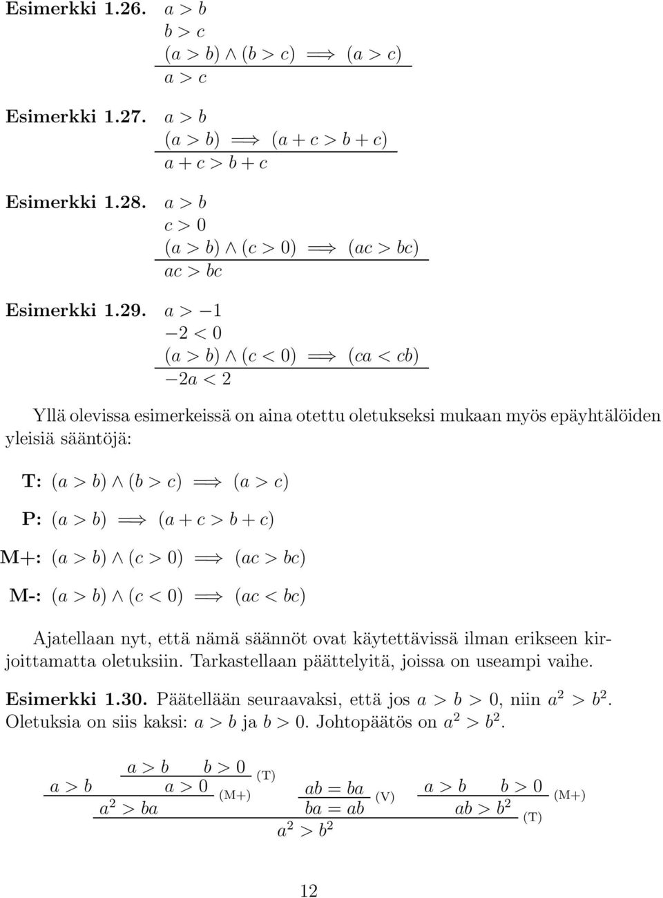 M+: (a > b) (c > 0) = (ac > bc) M-: (a > b) (c < 0) = (ac < bc) Ajatellaan nyt, että nämä säännöt ovat käytettävissä ilman erikseen kirjoittamatta oletuksiin.