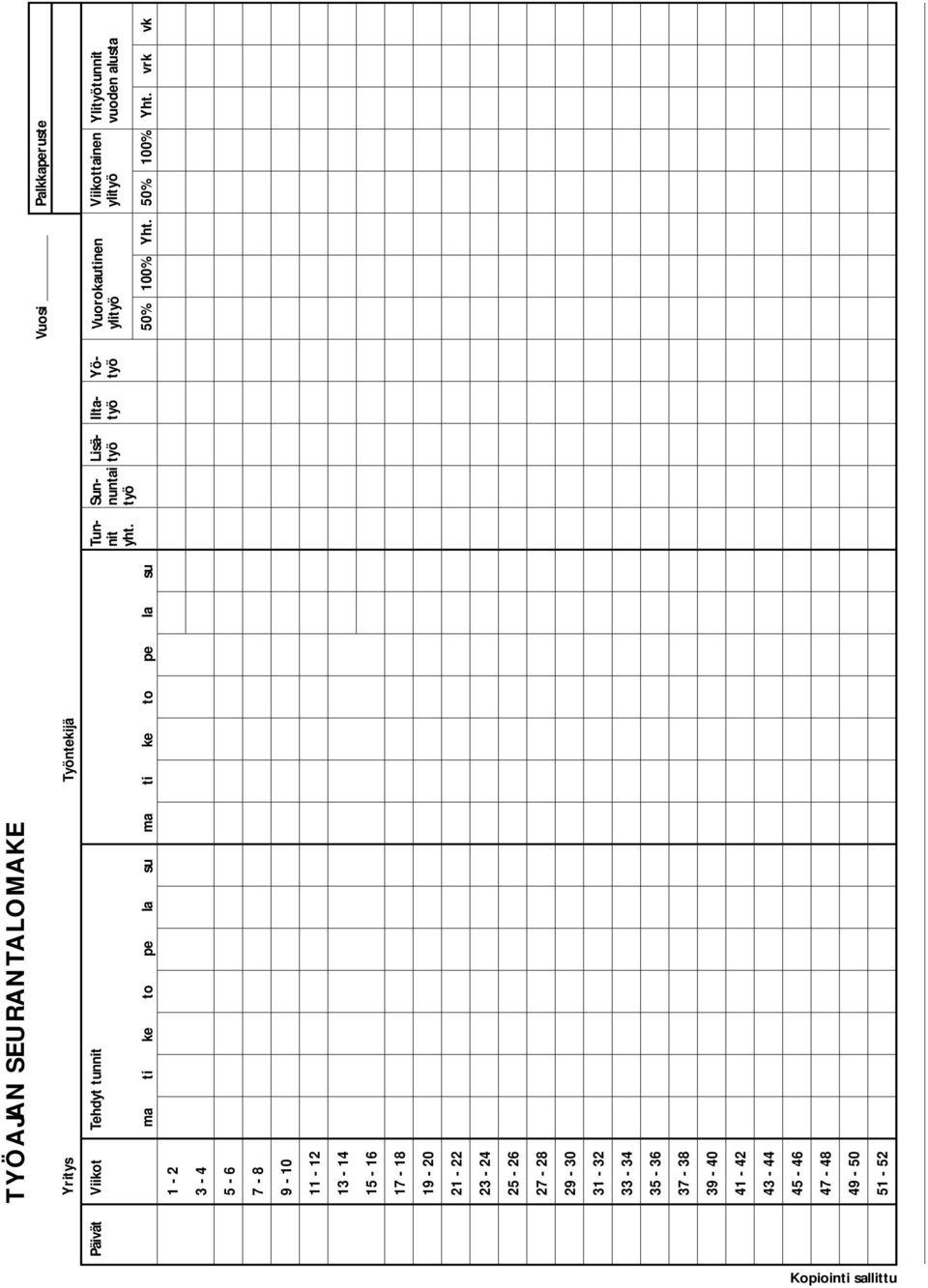 Sunnuntai työ TYÖAJAN SEURANTALOMAKE Yritys Viikot Tehdyt tunnit Työntekijä 1-2 ma ti ke to pe la su ma ti ke