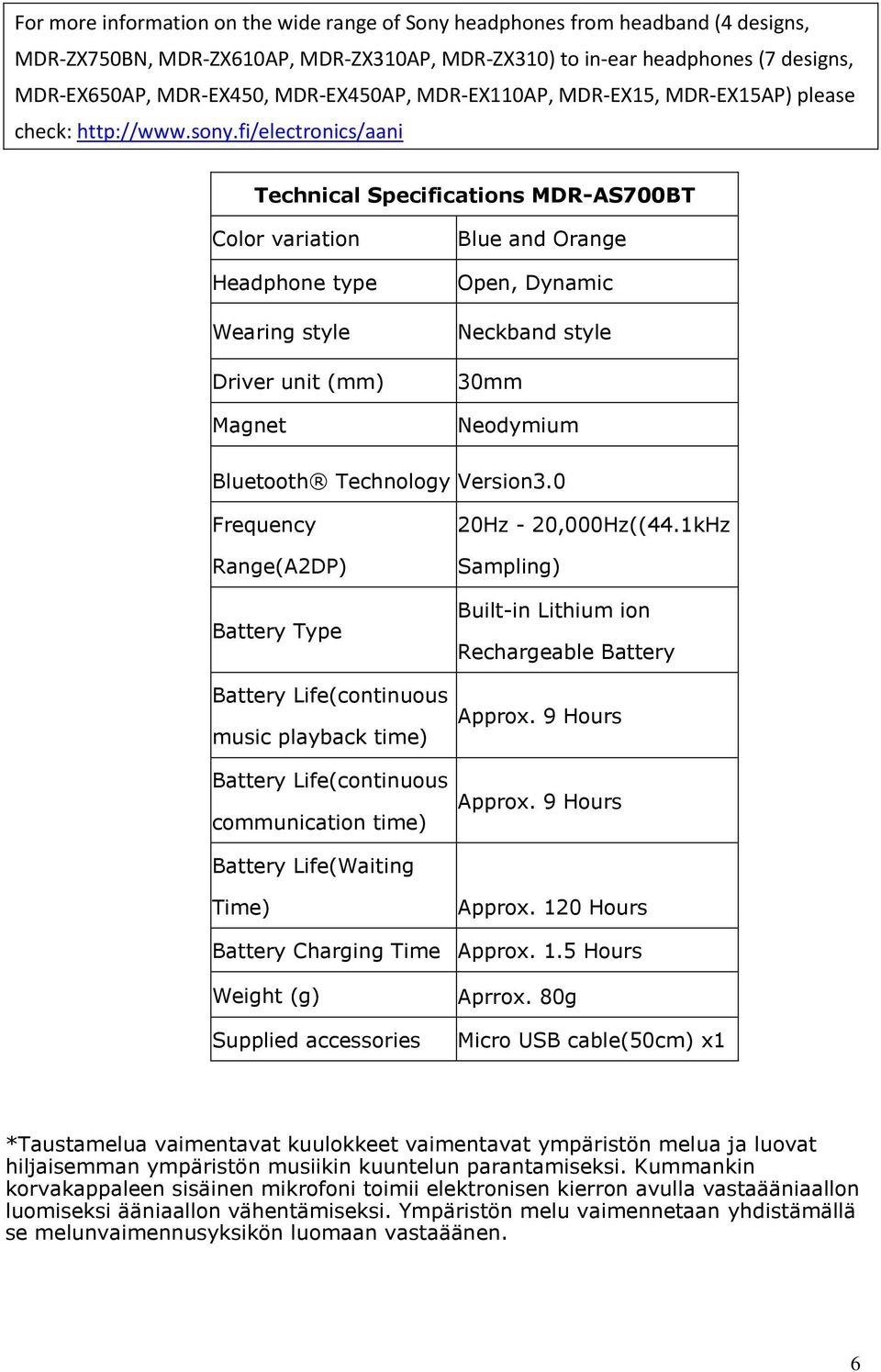 fi/electronics/aani Technical Specifications MDR-AS700BT Color variation Headphone type Wearing style Driver unit (mm) Magnet Blue and Orange Open, Dynamic Neckband style 30mm Neodymium Bluetooth