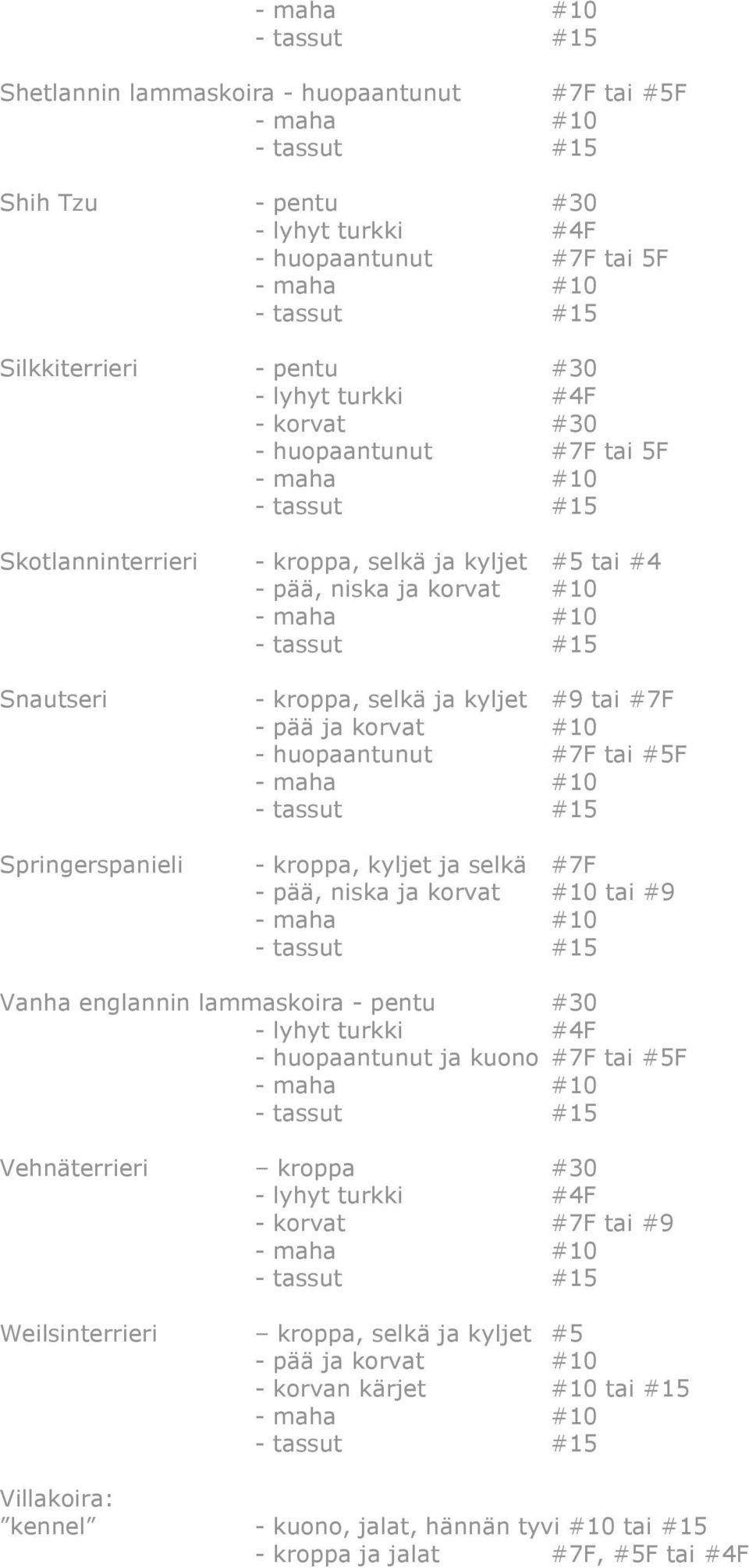 lammaskoira - pentu #30 - huopaantunut ja kuono #7F tai #5F Vehnäterrieri kroppa #30 - korvat #7F tai #9 Weilsinterrieri kroppa, selkä ja