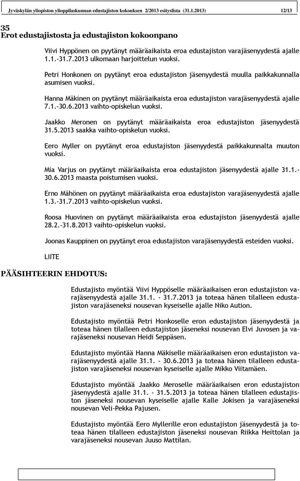 2013 ulkomaan harjoittelun vuoksi. Petri Honkonen on pyytänyt eroa edustajiston jäsenyydestä muulla paikkakunnalla asumisen vuoksi.