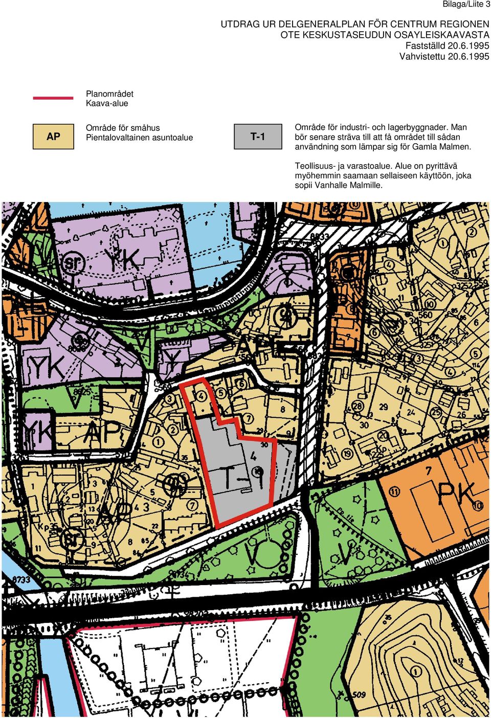 1995 Planområdet Kaava-alue AP Område för småhus Pientalovaltainen asuntoalue T-1 Område för industri- och