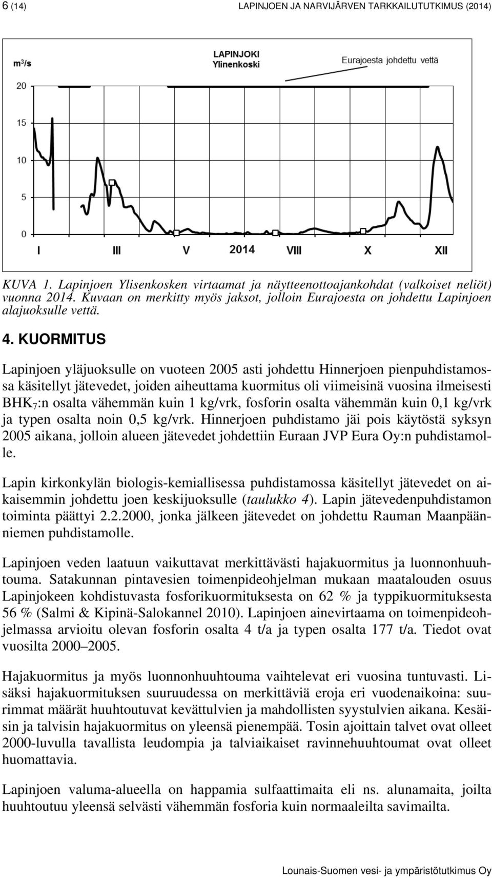 KUORMITUS Lapinjoen yläjuoksulle on vuoteen 25 asti johdettu Hinnerjoen pienpuhdistamossa käsitellyt jätevedet, joiden aiheuttama kuormitus oli viimeisinä vuosina ilmeisesti BHK 7 :n osalta vähemmän