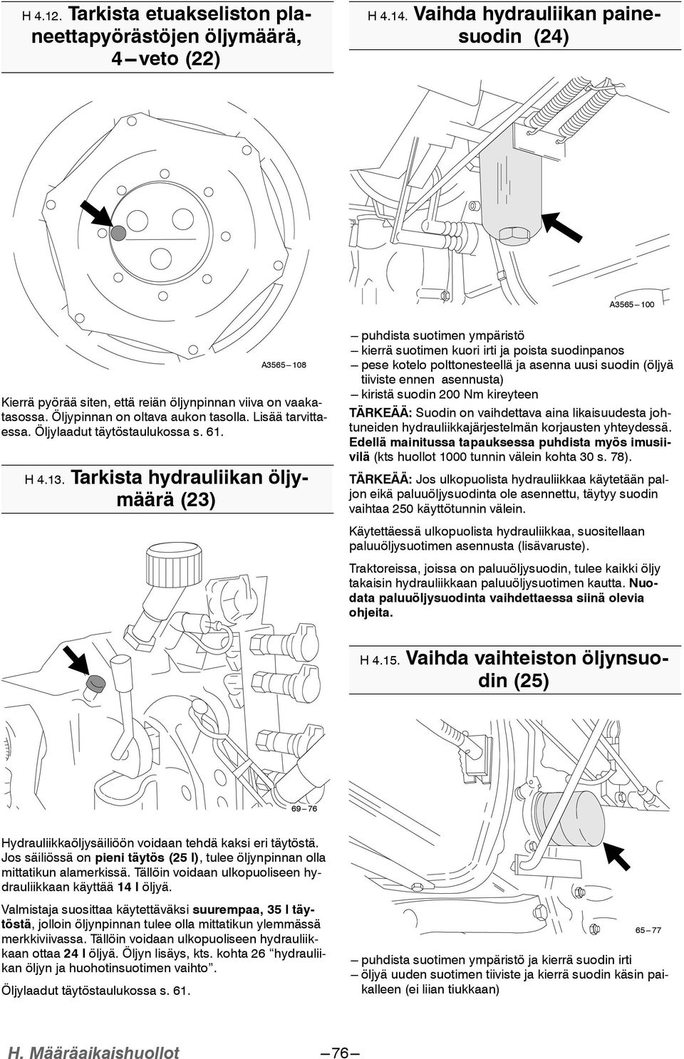 . Tarkista hydrauliikan öljymäärä () --- puhdista suotimen ympäristö --- kierrä suotimen kuori irti ja poista suodinpanos --- pese kotelo polttonesteellä ja asenna uusi suodin (öljyä tiiviste ennen