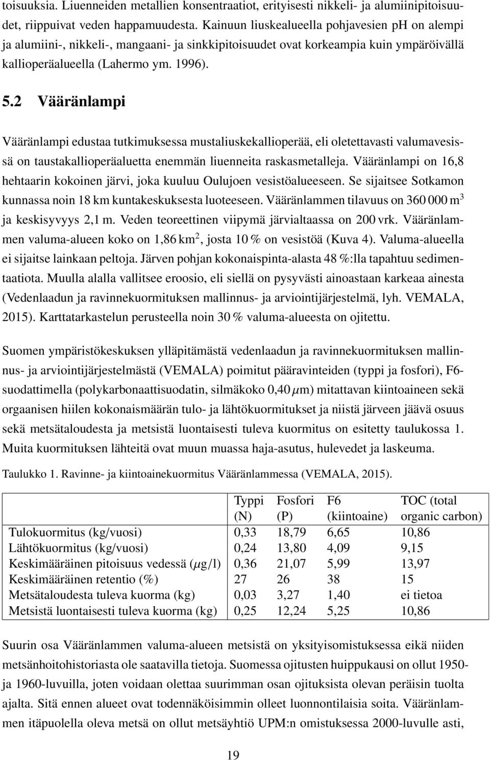 2 Vääränlampi Vääränlampi edustaa tutkimuksessa mustaliuskekallioperää, eli oletettavasti valumavesissä on taustakallioperäaluetta enemmän liuenneita raskasmetalleja.