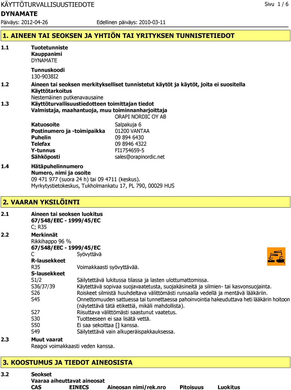 3 Käyttöturvallisuustiedotteen toimittajan tiedot Valmistaja, maahantuoja, muu toiminnanharjoittaja ORAPI NORDIC OY AB Katuosoite Salpakuja 6 Postinumero ja -toimipaikka 01200 VANTAA Puhelin 09 894