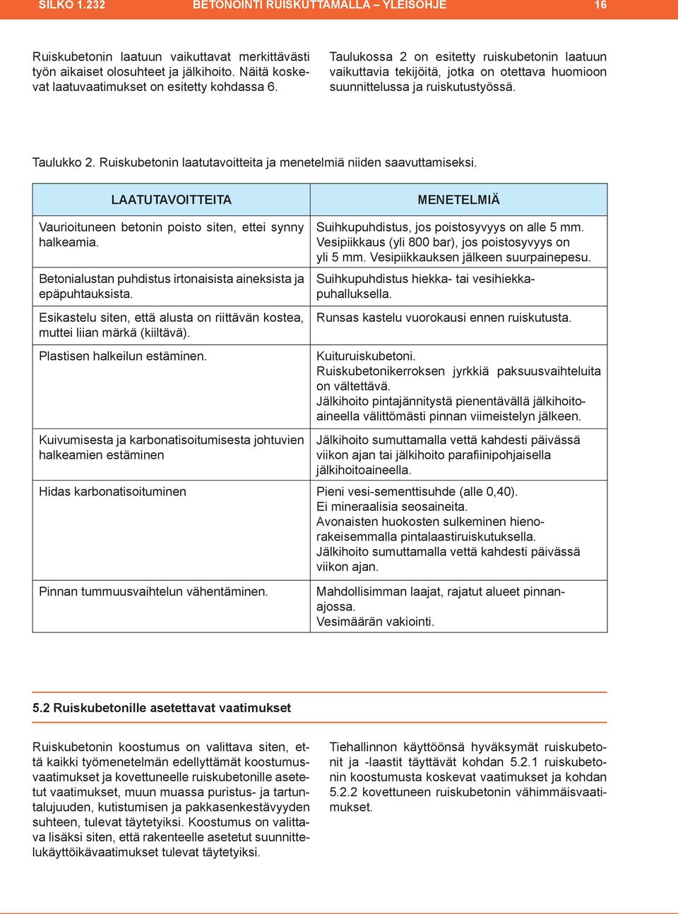 Ruiskubetonin laatutavoit teita ja mene telmiä niiden saavuttami seksi. LAATUTAVOITTEITA MENETELMIÄ Vaurioituneen betonin poisto siten, ettei synny halkeamia.